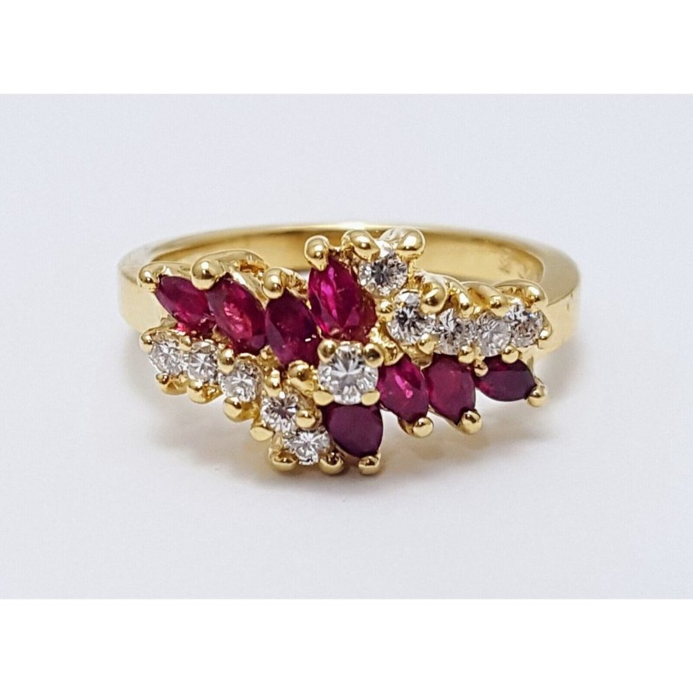 Unique 14K Karat Solid Yellow Gold Designer Marquise Cut Ruby & Diamond Ring